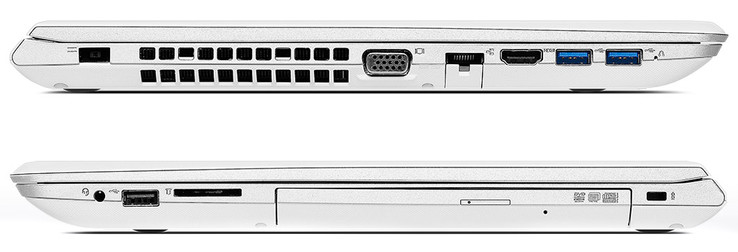 rechte Seite: Strom, Luftauslass, VGA, Ethernet, HDMI, 2x USB 3.0 / linke Seite: Audio in/out, USB 2.0, SD-Karte, DVD-Brenner, Kensington