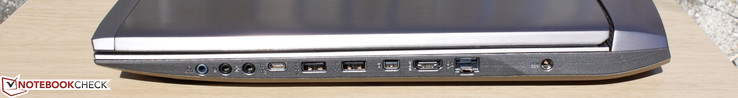 Rechts: Kopfhörer, Mikrofon, Line-in, 1x USB 3.1 Type-C Gen. 2 + Thunderbolt 3, 2x USB 3.0, 1x Mini Displayport, 1x HDMI, 1x RJ-45 Gigabit Ethernet