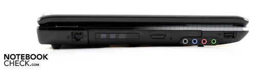 Linke Seite: Modem, DVD-LW, Line-In, Line-Out, Mic, Kopfhörer, USB 2.0