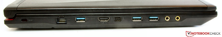 Linke Seite: Steckplatz für ein Kensington-Schloss, USB 3.0, HDMI, Mini Displayport, 2x USB 3.0, Mikrofoneingang, Kopfhörerausgang