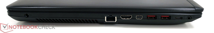 linke Seite: Netzanschluss, LAN RJ-45, HDMI, Mini-Displayport, 2x USB 3.0, USB 3.0 Typ-C