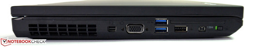 Linke Seite: mini Displayport, VGA, 2x USB 3.0, USB 2.0, Firewire 400 (4-polig), Funk-Schalter