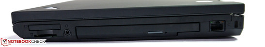Rechte Seite: ExpressCard/34, Cardreader, kombinierter Audio in/out, optisches Laufwerk, Gigabit-LAN, Kensington