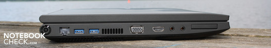 Linke Seite: AC, 2 x USB 3.0, VGA, HDMI, Mikrofon, Kopfhörer, ExpressCard34