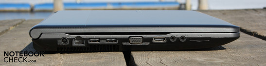 Linke Seite: AC, Ethernet, VGA, 2 x USB 2.0, HDMI, Mikrofon, Kopfhörer, CardReader