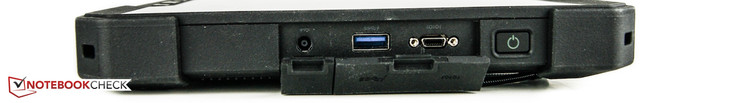 rechts: Netzanschluss, 1 x USB 3.0, 1 x serieller Micro-Anschluss, Power-Button