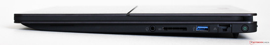 rechte Seite: Kopfhörer, SD-Card, USB 3.0, Ethernet, On/Off