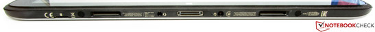 An der Unterseite des Tablets sind neben dem Dockingschluss auch ein Speicherkartenleser (MicroSD), ein Audiokombo-Steckplatz und ein Netzanschluss vorhanden.