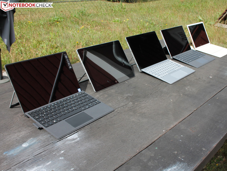 Fünf starke Konkurrenten, welches ist das beste Gerät? Switch Alpha 12, Elite x2 1012, Spectre x2 12, Surface Pro 4, Huawei MateBook (von rechts nach links)