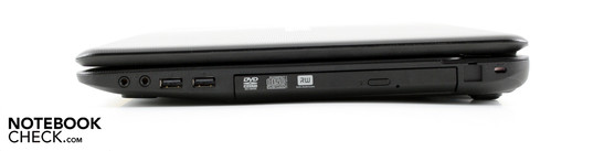 Rechte Seite: Line-Out, Mikrofon, 2 x USB 2.0, DVD-Brenner, (Modem unbelegt), Kensington