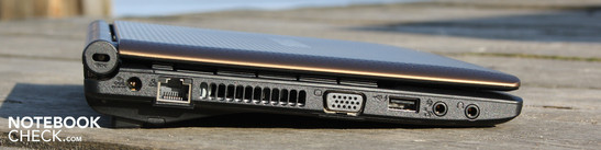 Linke Seite: Kensington-Lock, Strom, Ethernet, VGA, USB 2.0, Mikrofon, Kopfhörer