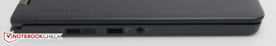 links: Netzteilanschluss, Docking-Anschluss, USB 3.0, kombinierter Audioanschluss