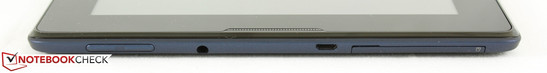 linke Seite: Lautstärkewippe, 3,5-mm-Klinke, Micro-USB 2.0, MicroSD-Kartenleser