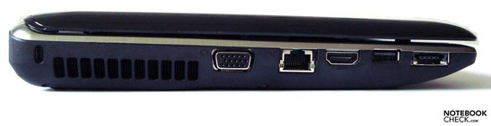 Linke Seite: Lock, Lüftungsöffnung, analoger VGA out, LAN, HDMI, USB, USB/eSATA