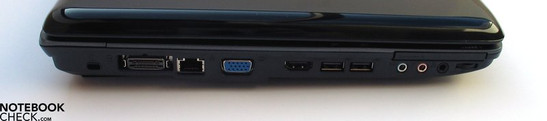 Linke Seite: Kensington Lock, Docking Port, LAN, VGA, HDMI, 2x USB, Audio Ports, ExpressCard