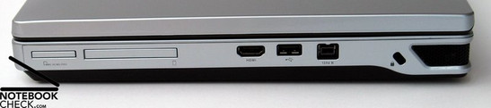 Rechte Seite: 7in1 Cardreader, ExpressCard, HDMI, USB 2.0, Firewire, Kensington Lock