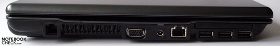 Linke Seite: Modem, Lüftungsschlitz, VGA, Netzanschluß, 10/100 Ethernet, ExpressCard/54 mit drei darunterliegenden USB 2.0 Ports Linke Seite: Modem, Lüftungsschlitz, VGA, Netzanschluß, 10/100 Ethernet, ExpressCard/54 mit drei darunterliegenden USB 2.0 Ports