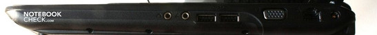 Rechte Seite: Kopfhörer- und Mikrofonanschluss, 2x USB 2.0, VGA, LAN, Stromanschluss