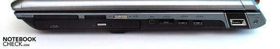 Rechte Seite: ExpressCard, Cardreader, Firewire, eSATA, 3x USB Rechte Seite: ExpressCard, Cardreader, Firewire, eSATA, 3x USB