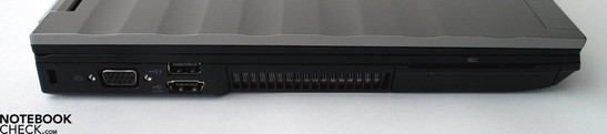Linke Seite: Kensington Lock, VGA-Out, 2x USB 2.0 / eSATA, SmartCard