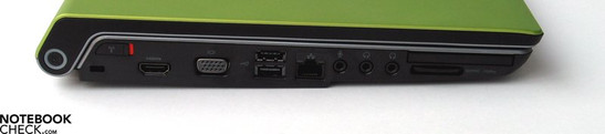 Linke Seite: Kensington Lock, HDMI, VGA-Out, 2x USB 2.0, LAN, Audio Ports, ExpressCard, SD Cardreader