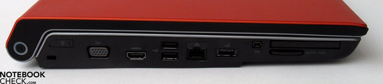 Linke Seite: Kensington Lock, VGA-Out, HDMI, 2x USB 2.0, LAN, USB, Firewire, ExpressCard, SD Cardreader