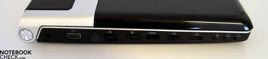 Linke Seite: Kensington Lock, VGA, Antenne, LAN, Display Port, HDMI, 2x USB 2.0, Audio