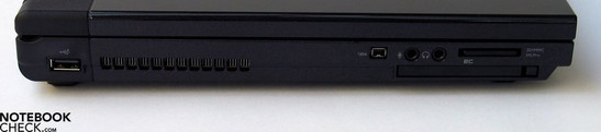 Linke Seite: USB, Lüfter, Firewire, Mikrofon, Kopfhörer, Cradreader, ExpressCard Linke Seite: USB, Lüfter, Firewire, Mikrofon, Kopfhörer, Cradreader, ExpressCard