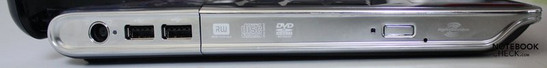 Linke Seite: Netzstecker, 2x USB 2.0, DVD-Brenner
