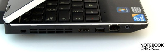 Linke Seite: Kensington Security Slot, Lüfter, HDMI, USB-2.0, RJ45 (LAN), Kombi-Audio Linke Seite: Kensington Security Slot, Lüfter, HDMI, USB-2.0, RJ45 (LAN), Kombi-Audio