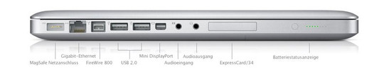 Alle Anschlüsse (ausser dem Kensington Lock) befinden sich auf der linken Seite: MagSafe (Strom), Gigabit LAN, FireWire 800, 2x USB 2.0, Mini DisplayPort, Line-In (analog / optisch), Headphones bzw. Line-Out (analog / optisch), ExpressCard 34mm