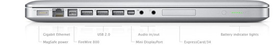 Alle Anschlüsse auf der linken Seite: Power, 1000MBit LAN, FireWire 800, 3x USB 2.0, Mini DisplayPort, optisch-analoger Audioeingang und Ausgang, ExpressCard 34mm