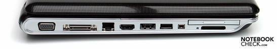 Linke Seite: VGA, Docking, LAN, HDMI, eSATA/USB, USB, Firewire, ExpressCard, Cardreader