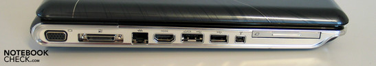 Linke Seite: VGA, Docking, LAN, HDMI, eSATA/USB, USB, Firewire, ExpressCard