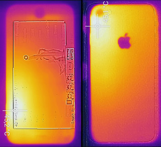 Vorder- und Rückseite mit der Flir One (2. Generation) gemessen. Das Infrarot-Thermometer meldete maximal 42 °C.
