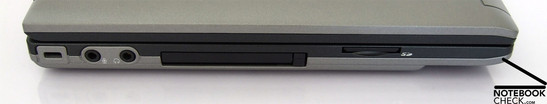 Linke Seite: Kensington Lock, Audio Ports, PCMCIA-Slot, SD-Speicherkartenleser Linke Seite: Kensington Lock, Audio Ports, PCMCIA-Slot, SD-Speicherkartenleser