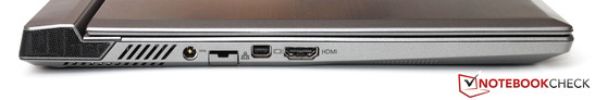 linke Seite: Netzteilanschluss, Gbit-LAN, Mini-DisplayPort, HDMI