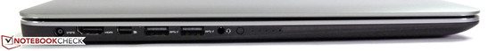 Links: Netzanschluss, HDMI, Mini-DisplayPort, 2 x USB 3.0, Audio in/out, Akkustandsanzeige