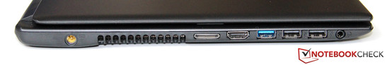 Linke Seite: Netzteilanschluss, Luftauslass, VGA/GBit-LAN (Adapter), HDMI, USB 3.0, 2x USB 2.0, Kopfhörer/Mikrofon Linke Seite: Netzteilanschluss, Luftauslass, VGA/GBit-LAN (Adapter), HDMI, USB 3.0, 2x USB 2.0, Kopfhörer/Mikrofon