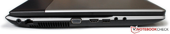 linke Seite: Netzteilanschluss, LAN, Luftauslass, VGA, HDMI, USB 2.0, Kopfhörer/Mikrofon linke Seite: Netzteilanschluss, LAN, Luftauslass, VGA, HDMI, USB 2.0, Kopfhörer/Mikrofon