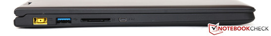 linke Seite: Netzteilanschluss, USB 3.0, Kartenleser, Micro-HDMI