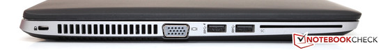 linke Seite: Kensington Lock, Luftauslass, VGA, 2x USB 3.0, Smartcard-Reader