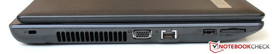 linke Seite: Kensington Lock, Luftauslass, VGA, LAN, USB 2.0, Kartenleser