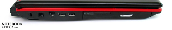Linke Seite: Kensington Lock, Modem, LAN, 2x USB, opt. Laufwerk