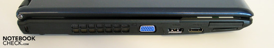 Linke Seite: Kensington Lock, VGA-Out, eSATA/USB, HDMI, ExpressCard 34mm, Cardreader