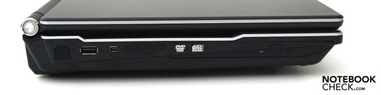 Linke Seite: RJ-11 Modem, USB 2.0, Firewire, 9-in-1-Kartenleser, DVD-Brenner