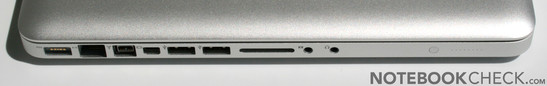 Links: MagSafe (Strom), Gigabit LAN,  Firewire 800, Mini DisplayPort, 2x USB 2.0,  SD-Card Reader, Line-In (analog / optisch, kein Mikrofonsupport), Line-Out (analog/optisch), Akku LED Anzeige