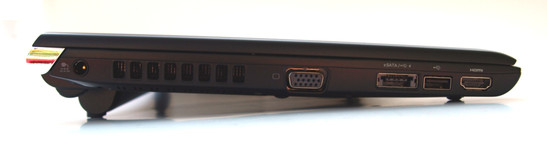 Linke Seite: Stromanschluss, Lüfter, VGA, eSATA/USB-Kombi, USB-2.0, HDMI