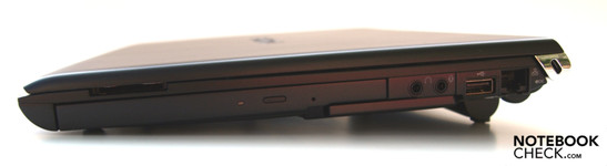 Rechte Seite: optisches LW, Kartenleser, Mikrofon, Kopfhörer, USB-2.0, LAN (RJ-45), Kensington Security Slot (Scharnier)