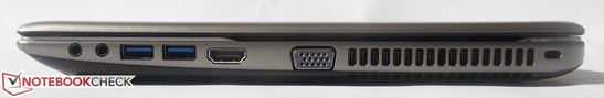 rechte Seite: Kopfhörer, Mikrofon, 2x USB 3.0, HDMI, VGA, Kensington Lock